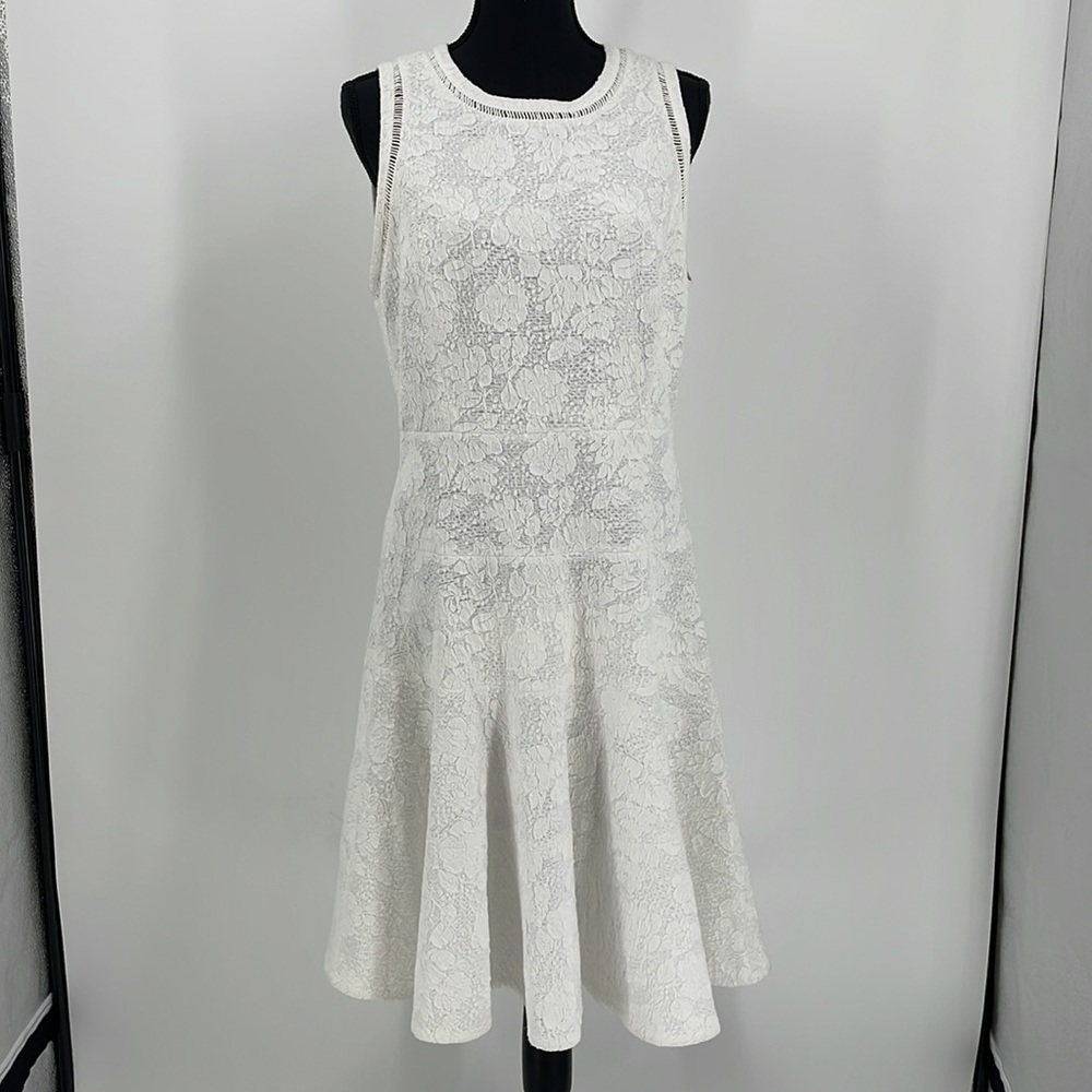 Rebecca Taylor White Sea Salt Cotton Knit Jacquard Fit Flare Dress Women's 12